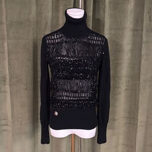 Philipp Plein Couture Elegant Black seguin details Turtleneck Sweater, S